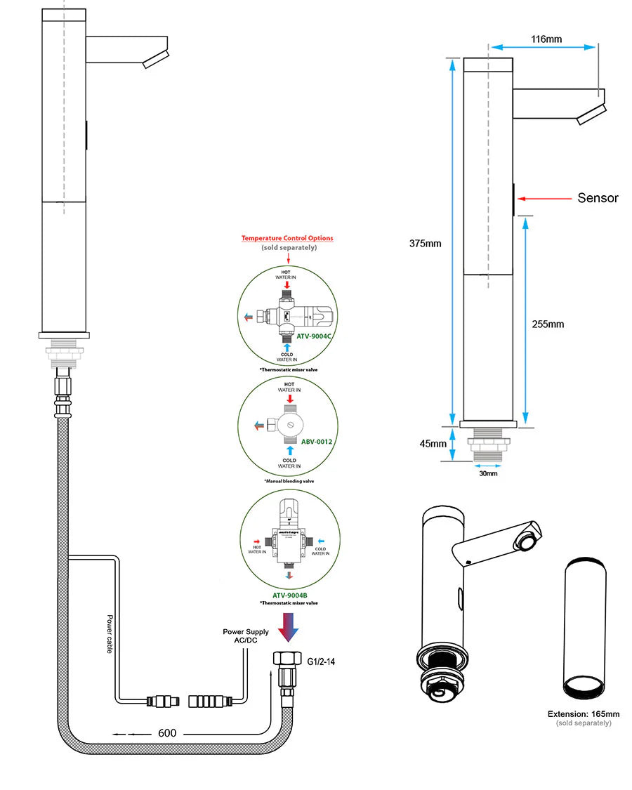 ATX-0876T Tall Automatic Sensor Tap – Extended Pillar Touchless Bathroom Faucet with Built-In Solenoid Valve, Chrome Finish, Battery & Mains Powered